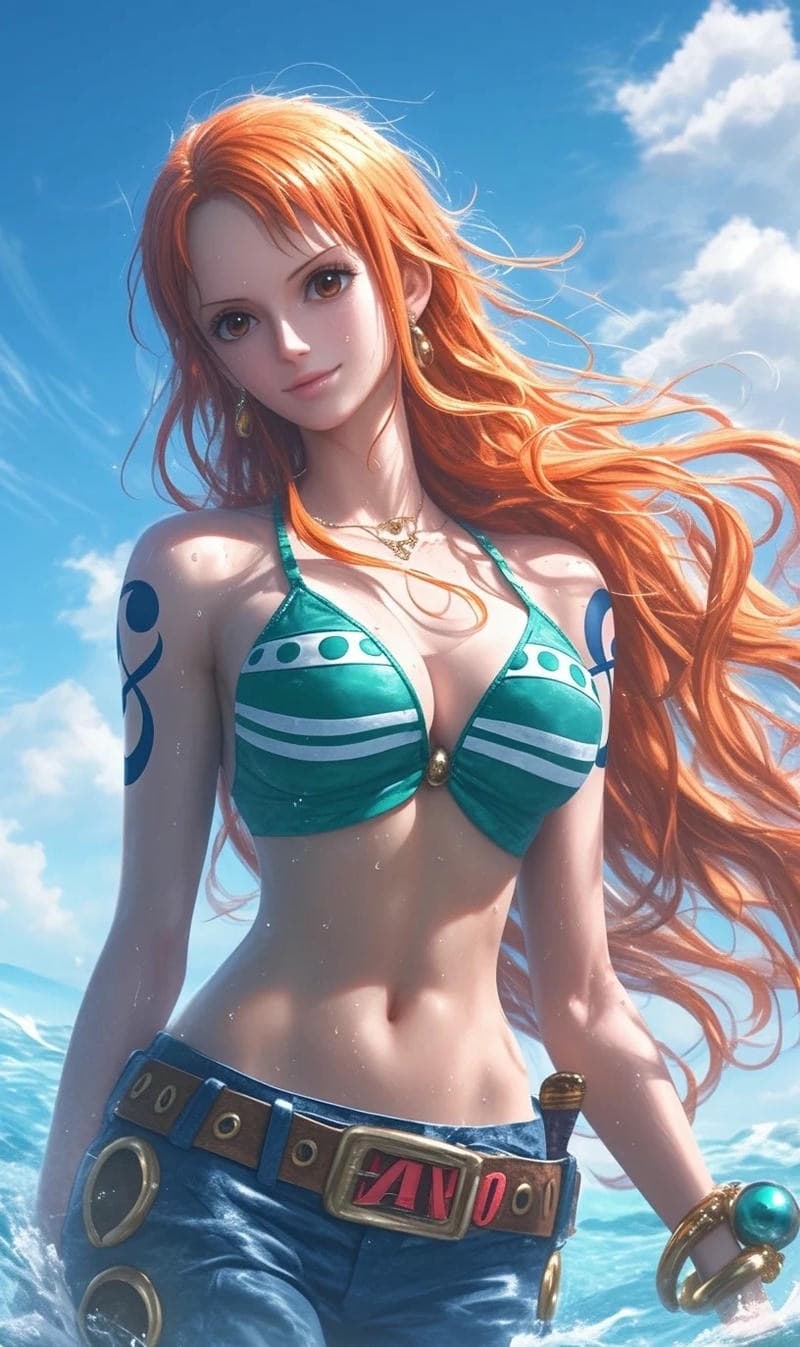 Ảnh Nami sexy với bikini trắng hoa xanh