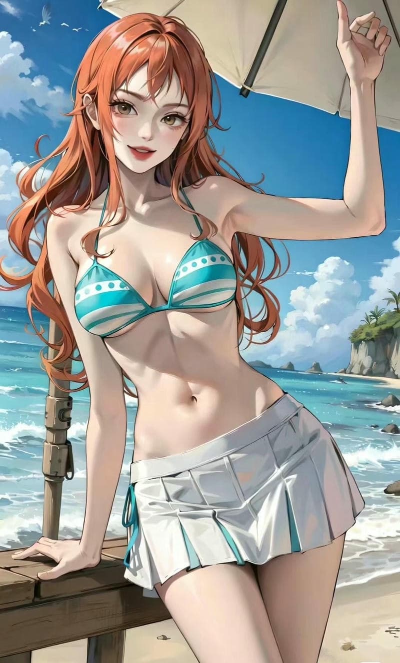 Ảnh Nami sexy với bikini trắng hoa xanh