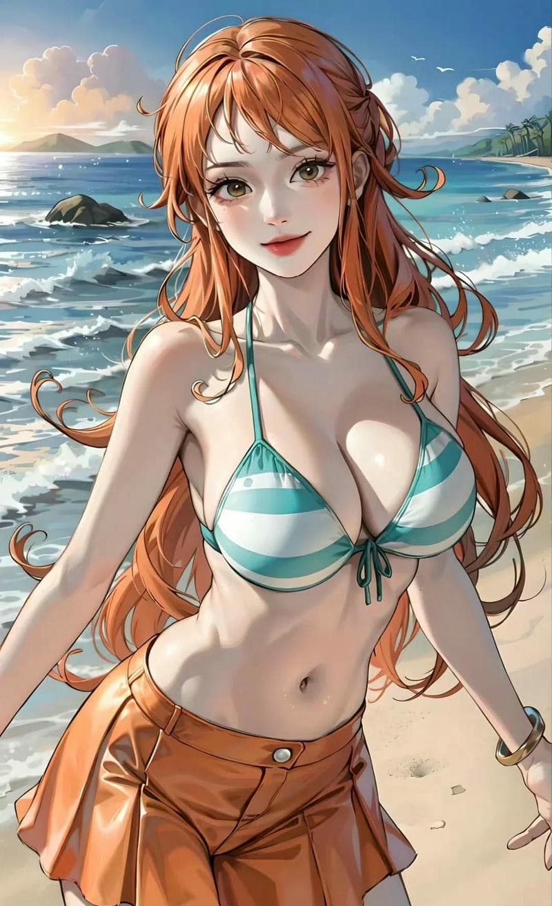Ảnh Nami sexy với bikini trắng hoa xanh
