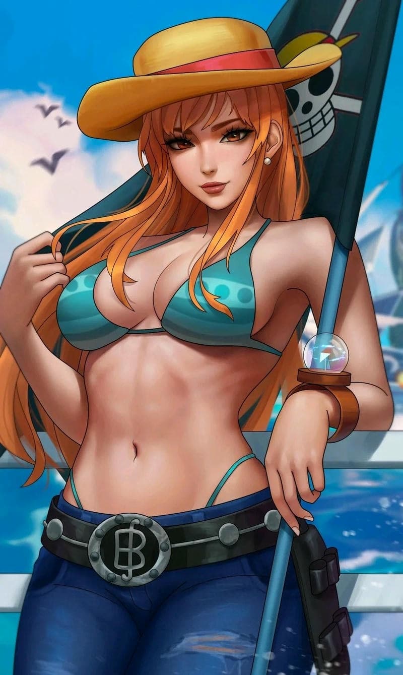 Ảnh Nami sexy với bikini trắng hoa xanh