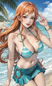 Ảnh Nami sexy với bikini trắng hoa xanh