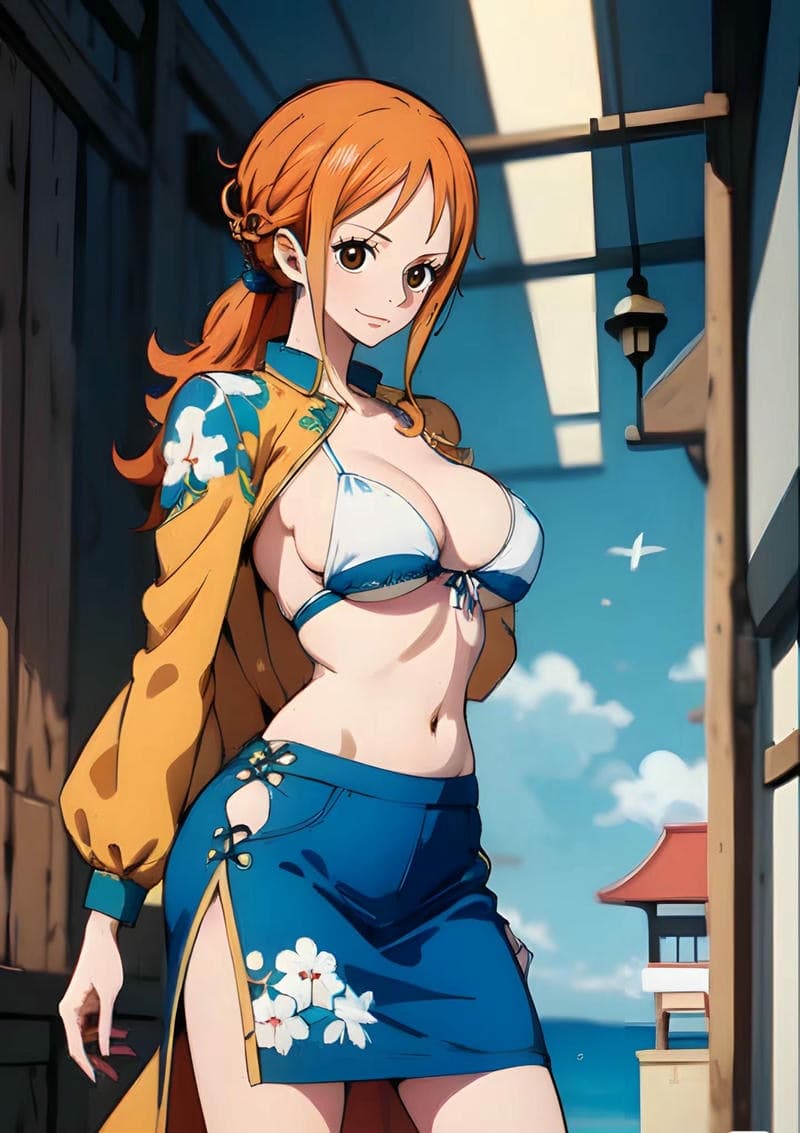 Ảnh Nami sexy với bikini trắng hoa xanh
