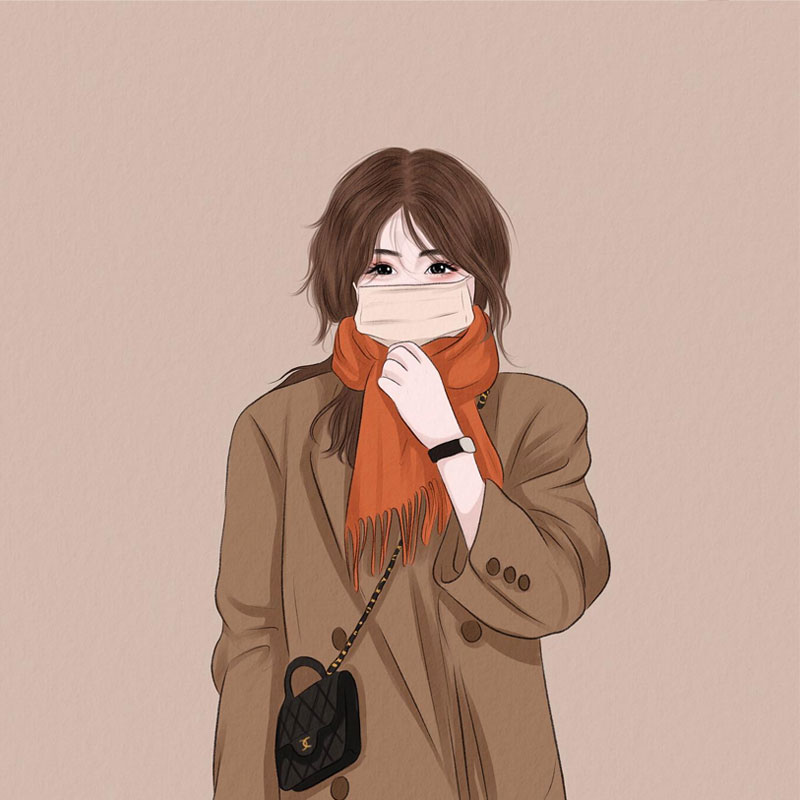 Ảnh chibi gái xinh che mặt mặc đồ mùa đông ấm áp.