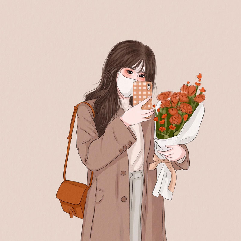 Ảnh chibi gái xinh đeo khẩu trang che mặt, ánh mắt long lanh như anime.